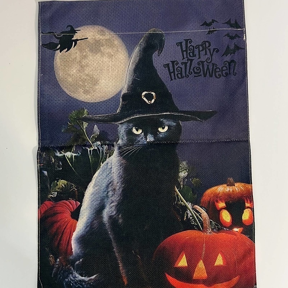 Halloween Witch Cat Mini Garden Flag Full Moon Spooky Night Jack O Lantern Bats‎